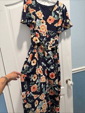 Tahari Navy Jumpsuit with Coral and Cream Floral Print